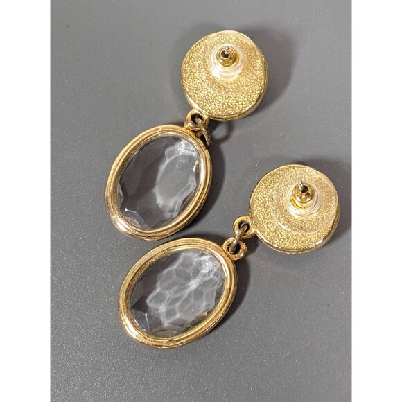 Vintage Gold Tone Faceted Oval Acrylic Bezel Faux Pearl Drop Pierced Earrings - Picture 8 of 10